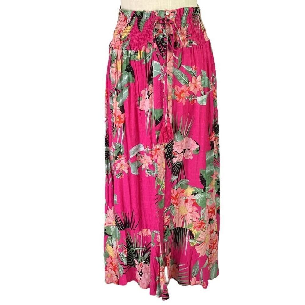 Rachel Zoe Maxi Skirt Womens M Pink Tropical Floral Cinched Buttons Tassels